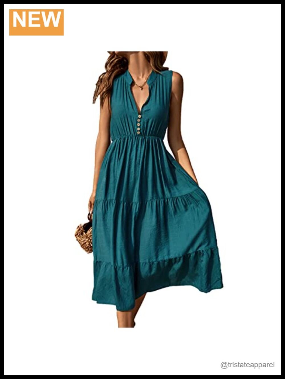 Sleeveless A-line Midi Dress V-Neck Button Front Casual Summer Flowy